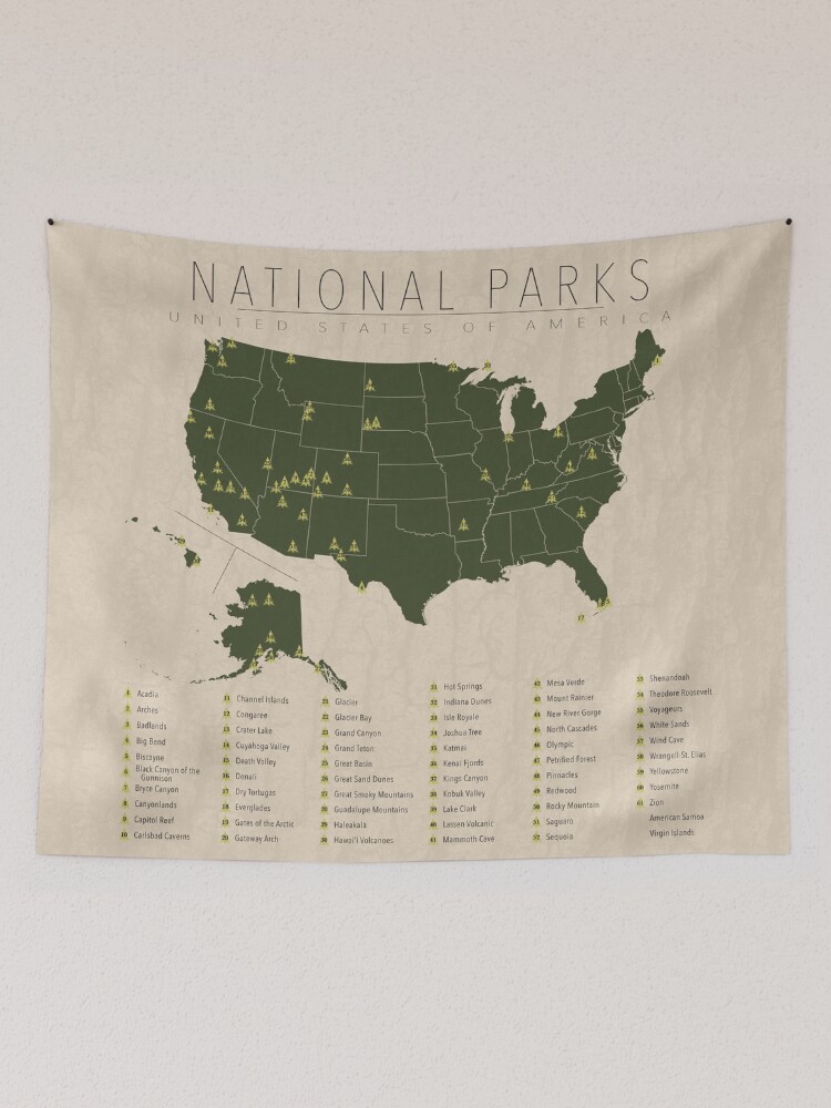 Alternate view of US National Parks w/ State Borders Tapestry