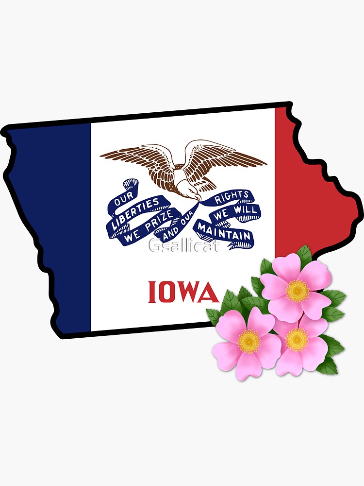 "State of Iowa Flag with State Flower Prairie Rose" Sticker by