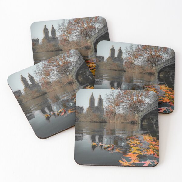 Item preview, Moody view of the romantic Bow Bridge over the Lake in Central Park, New York in the fall with Manhattan buildings in the background and fallen leaves in the foreground. designed and sold by SvetlanaSF.