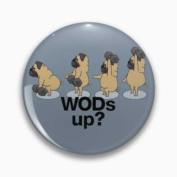 Item preview, pug doing dumbbell snatches "WODs up?" designed and sold by TrueType.