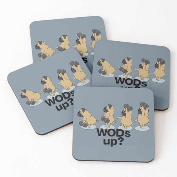 Item preview, pug doing dumbbell snatches "WODs up?" designed and sold by TrueType.