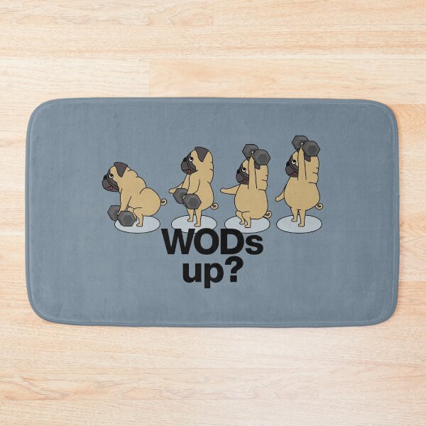 Item preview, pug doing dumbbell snatches "WODs up?" designed and sold by TrueType.