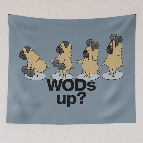 Item preview, pug doing dumbbell snatches "WODs up?" designed and sold by TrueType.