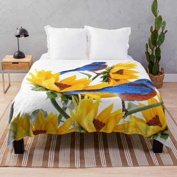 Item preview, ABSTRACT GOLDEN YELLOW SUNFLOWERS & 2 BLUE BIRDS NATURE ART designed and sold by sharlesart.