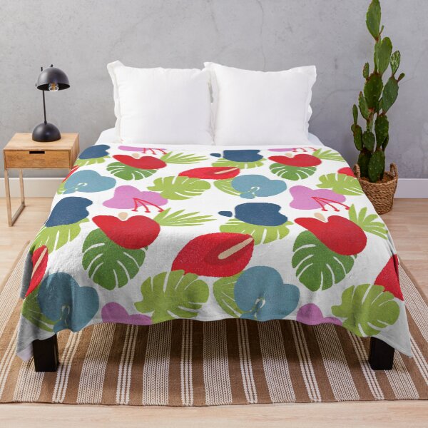 Item preview, tropical flower illustration, repeating pattern, red, blue, pink, purple, blue, green, white designed and sold by creativeshell.