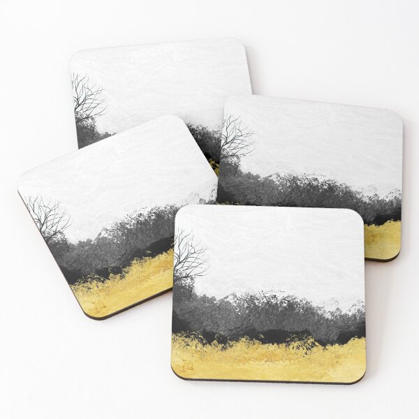 Artikelvorschau, Halcyon I Abstrakte impressionistische Landschaft schwarz, weiß, gold entworfen und verkauft von Glimmersmith.