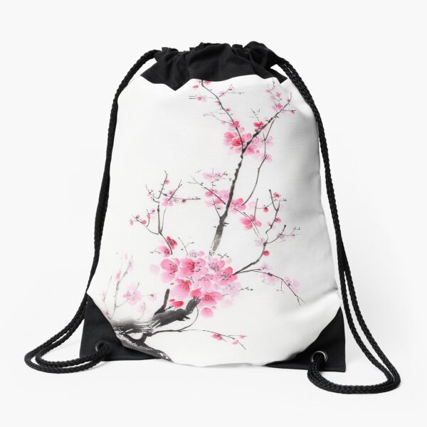 Aperçu de l'œuvre Branche de sakura délicate avec des fleurs roses japonais Zen sumi-e peinture sur papier de riz blanc Impression artistique créée et vendue par AwenArtPrints.