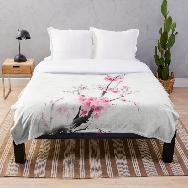 Delicate sakura branch with pink blossoms Japanese Zen sumi-e painting on white rice paper art print Throw Blanket