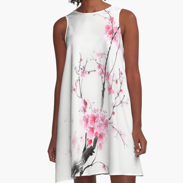 Item preview, Delicate sakura branch with pink blossoms Japanese Zen sumi-e painting on white rice paper art print designed and sold by AwenArtPrints.
