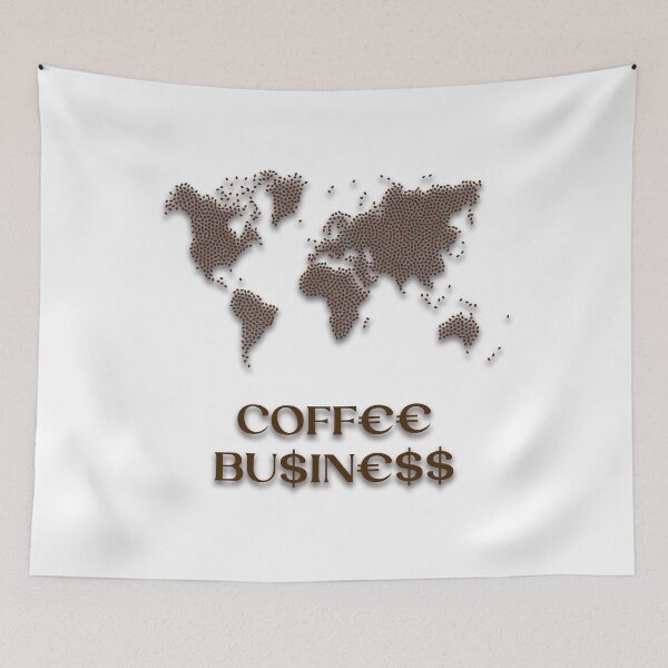 Item preview, Coffee business written with monetary symbols like euro and dollar, Map of the world drawn with coffee beans designed and sold by PhotoPrise.