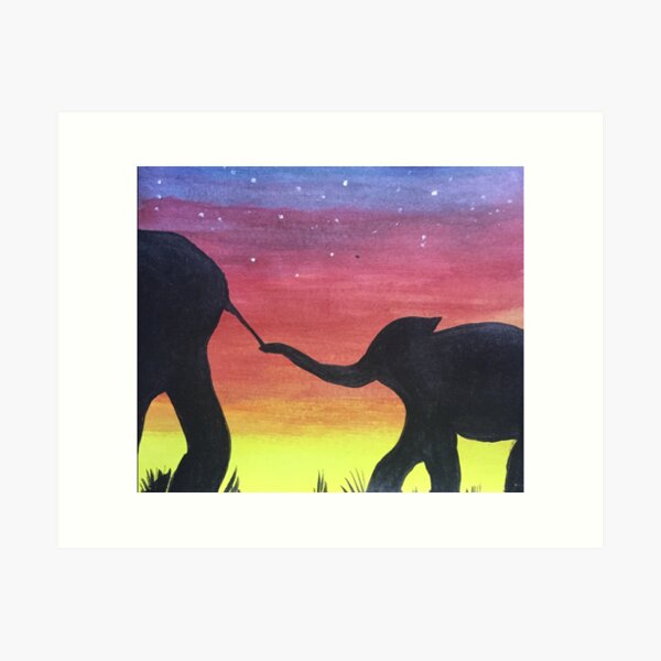 Elephant Family Hand Painted Oil Paint Painting Art Print