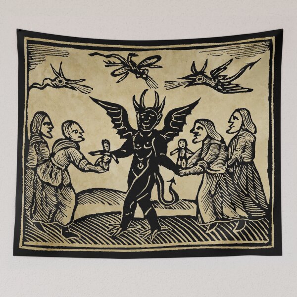 Item preview, Witches and the devil woodcut print designed and sold by monsterplanet.