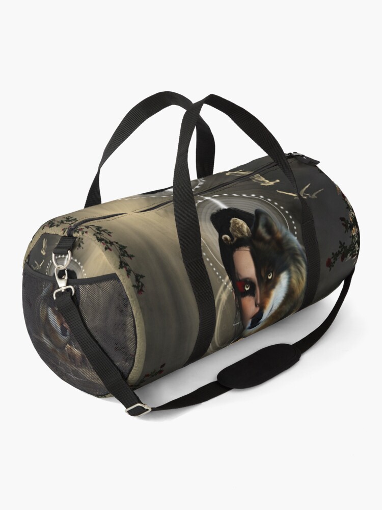 Alternate view of Awesome wolf with fairy and bear Duffle Bag