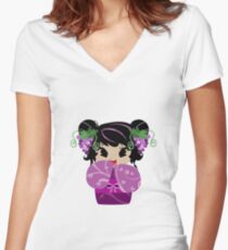 Purple Grapes Kokeshi Doll Women's Fitted V-Neck T-Shirt
