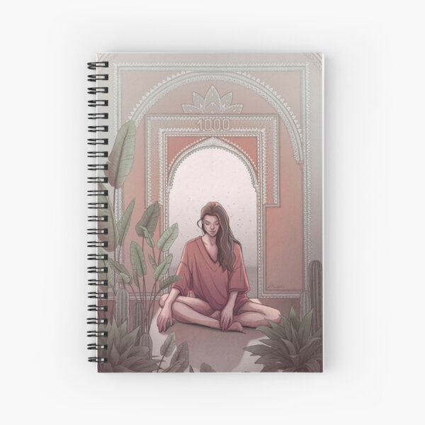 Dreamy Spiritual Meditation, Yoga Girl in Red Surrounded by Plants - Digital Illustration by MadliArt Spiral Notebook