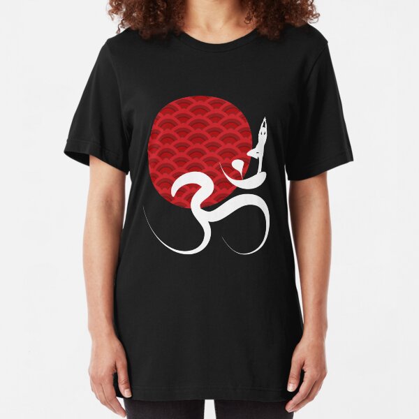 Scallop Pattern Red Sun Yoga and White Ohm Calligraphy Slim Fit T-Shirt