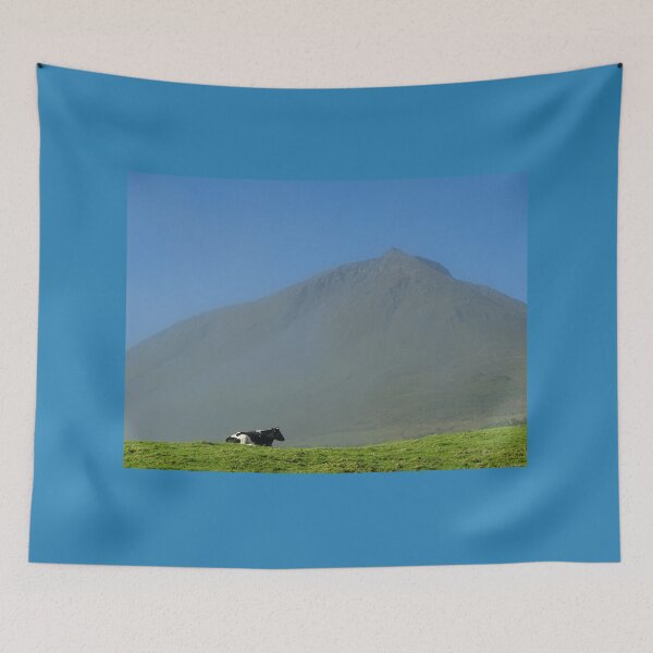 Item preview, Cute and funny looking cows with a great view over Pico mountains, during hiking trail at the Azores island Pico, highest mountain of Portugal. designed and sold by AylaHarbich.