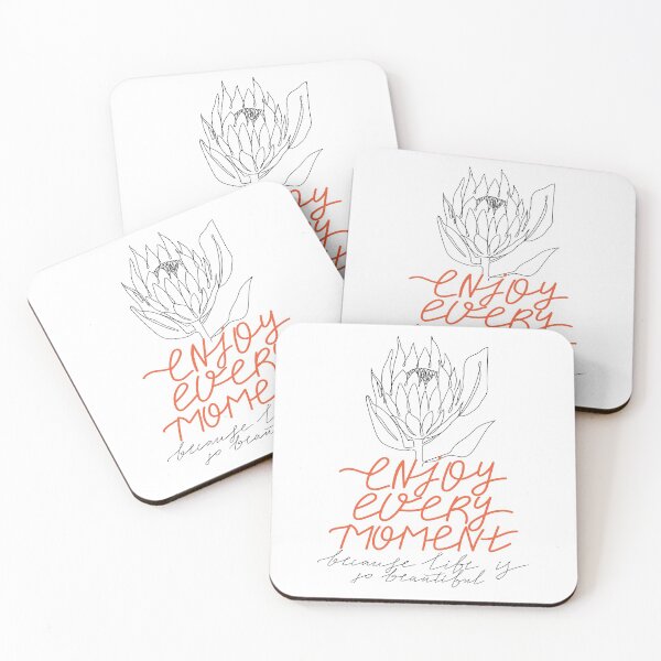 Item preview, One line protea flower. Typography slogan "Enjoy every moment because life is so beautiful". Continuous line print. designed and sold by CoCoArt-Ua.