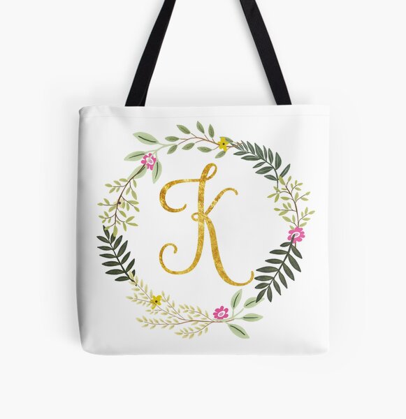 Floral and Gold Initial Monogram K All Over Print Tote Bag
