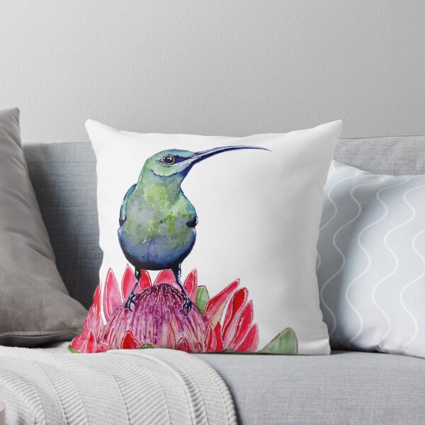 Aperçu de l'œuvre Malachite Sunbird sur l'aquarelle de fleur de Protea créée et vendue par carleeclarkeart.