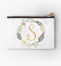 Floral and Gold Initial Monogram S Studio Pouch