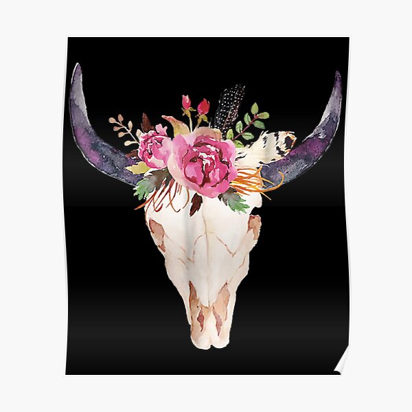 Cow Skull Art With Flowers Poster