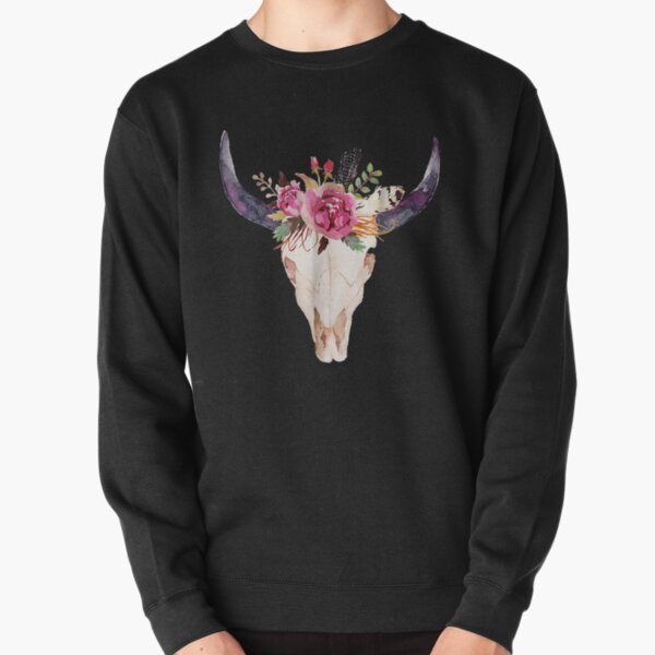 Cow Skull Art With Flowers Pullover Sweatshirt