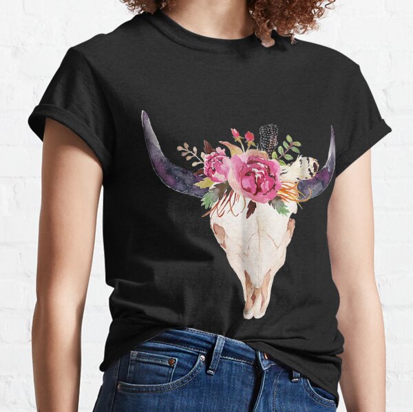Cow Skull Art With Flowers Classic T-Shirt