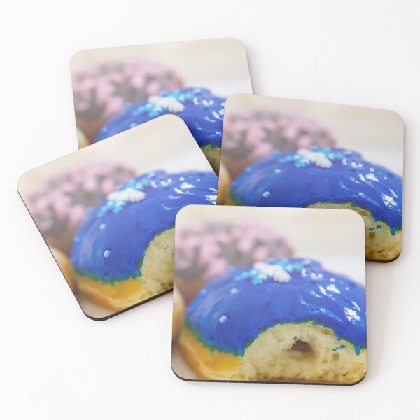 Item preview, Colorful blue donut with bite, red, brown and stripe donuts with white background designed and sold by Artsy Boulevard.
