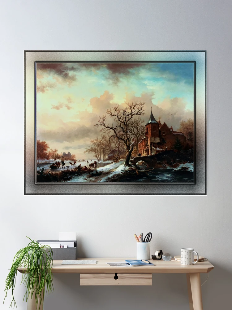Castle Winter Landscape With Skaters On A Frozen River by Frederik Marinus Kruseman - Winters Alluring Nature 2 Castle Winter Landscape With Skaters On A Frozen River by Frederik Kruseman Old Masters Classical Art Reproduction Wall Decor Poster Art Print