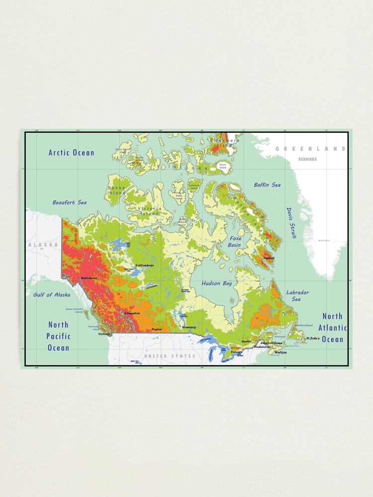 "Canada map, topographic map of Canada with names of the oceans, seas