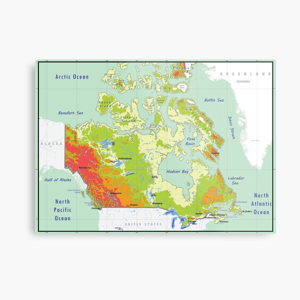 "Canada map, topographic map of Canada with names of the oceans, seas