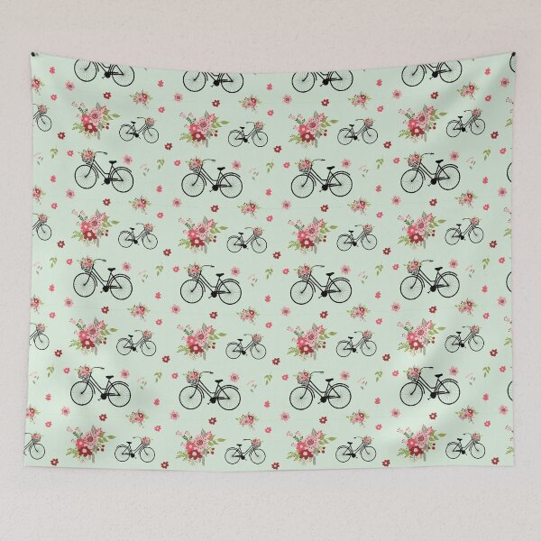 Item preview, Bicycle with flower basket seamless pattern design minth color background designed and sold by PurrfectCorner.