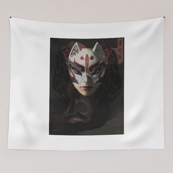 Item preview, Graphic Japanese Kitsune Mask Gift Cherry Blossom Petals designed and sold by RhodaMetalAnime.