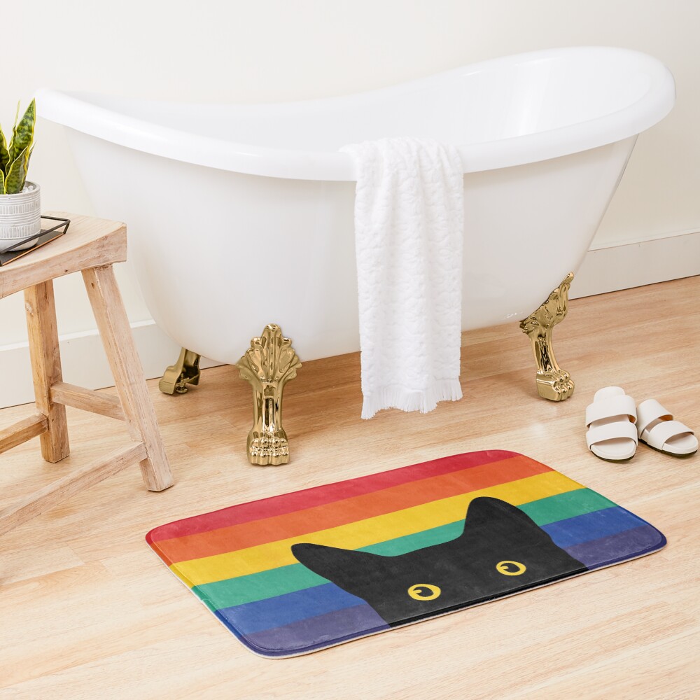 Peeking Cat in Rainbow Circle Bath Mat