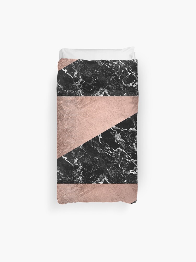 Chic Modern Rose Gold Black Marble Color Block Duvet Cover By