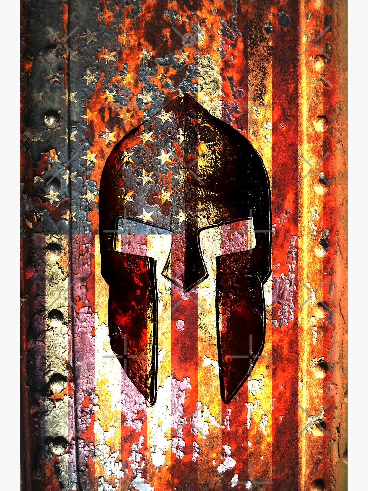 American Flag And Spartan Helmet On Rusted Metal Door - Molon Labe by MolonLabeArt