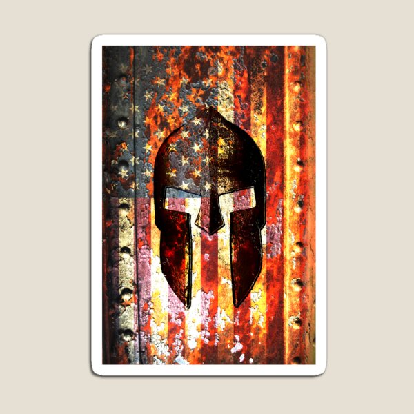 American Flag And Spartan Helmet On Rusted Metal Door - Molon Labe Magnet