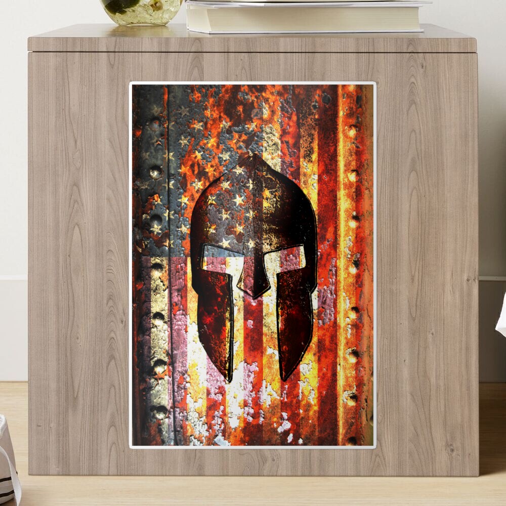 American Flag And Spartan Helmet On Rusted Metal Door - Molon Labe Sticker
