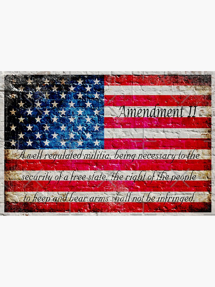 Distressed American Flag And Second Amendment On White Bricks Wall by MolonLabeArt