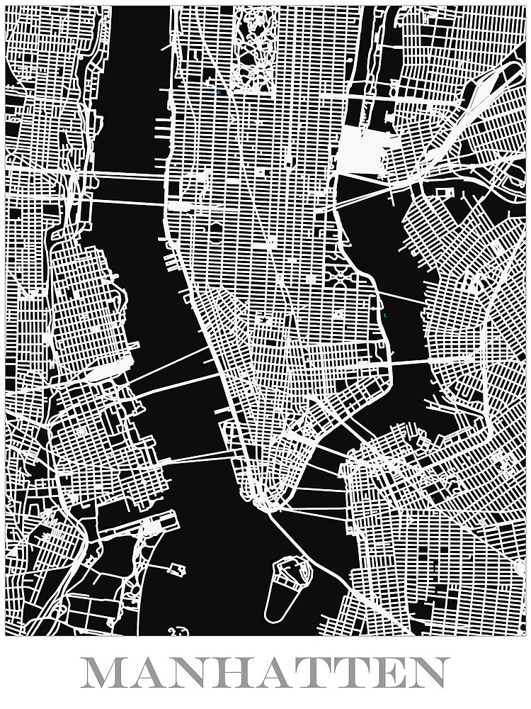 "Map of Manhattan Print - Black" by aocimages | Redbubble