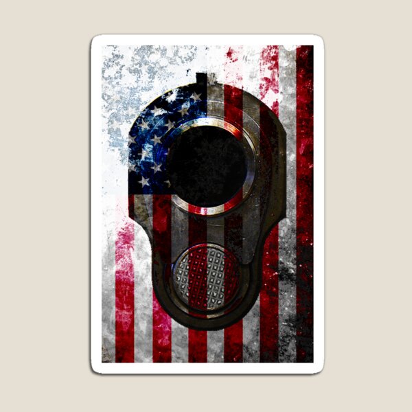 M1911 Colt 45 Muzzle And American Flag On Distressed Metal Sheet Magnet