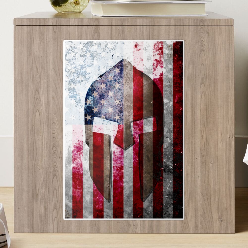 Molon Labe - Spartan Helmet Across An American Flag On Distressed Metal Sheet Sticker