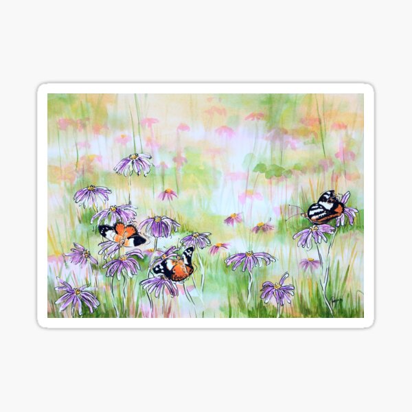 Butterflies Enjoying a Garden of Aster Daisies Sticker