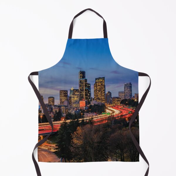 Item preview, Seattle downtown skyline beyond the I-5 I-90 freeway interchange at sunset with long exposure traffic trail lights from Dr. Jose Rizal or 12th Avenue South Bridge. designed and sold by SvetlanaSF.