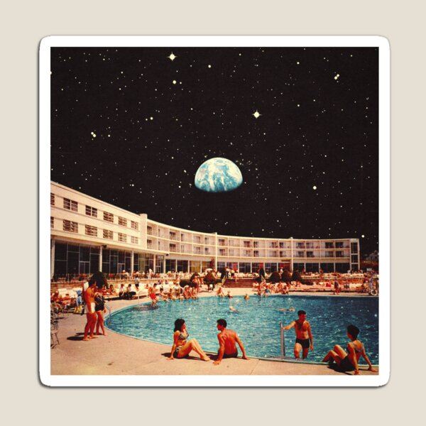 Lunar Pool Life - Retro-Futuristic Holiday Resort, Science Fiction Collage Magnet