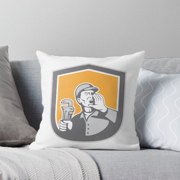 Item preview, Plumber Shouting Holding Wrench Shield Retro designed and sold by patrimonio.