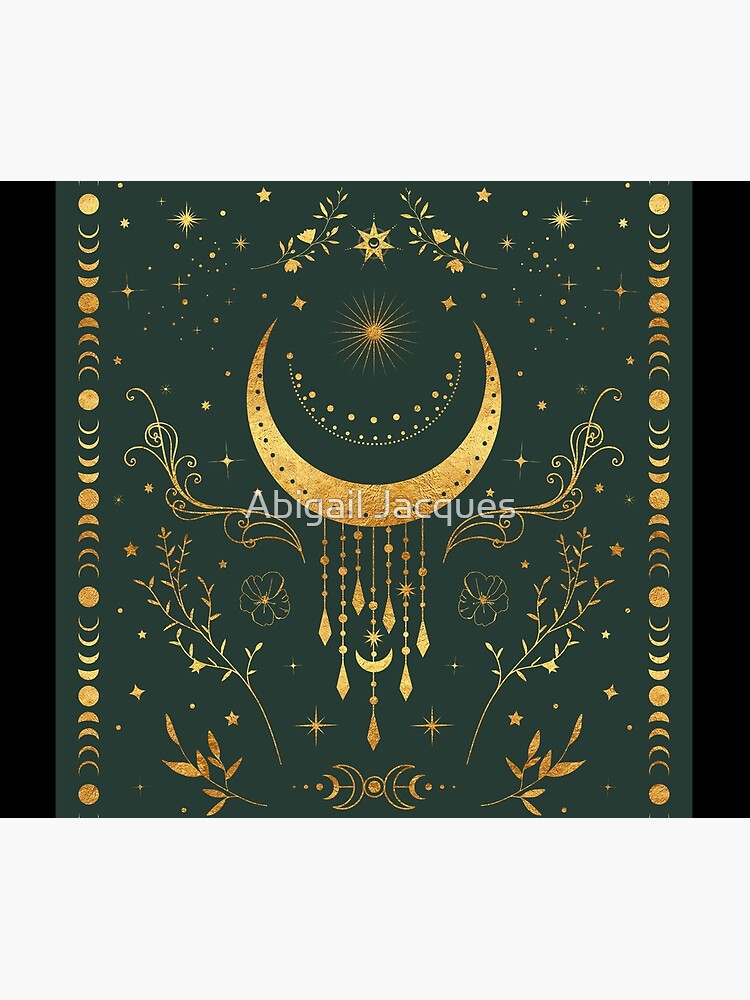 Sage green and gold Celestial crescent moon with floral accents and moon phase tie dye by AstralFae