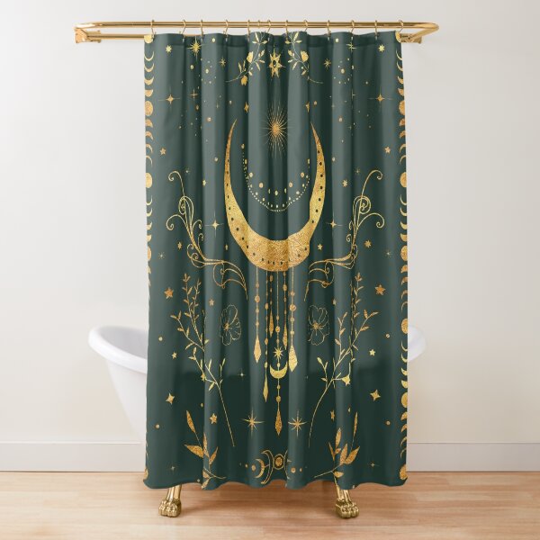 Sage green and gold Celestial crescent moon with floral accents and moon phase tie dye Shower Curtain