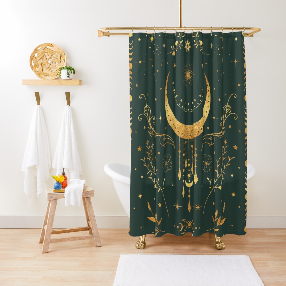 Sage green and gold Celestial crescent moon with floral accents and moon phase tie dye Shower Curtain